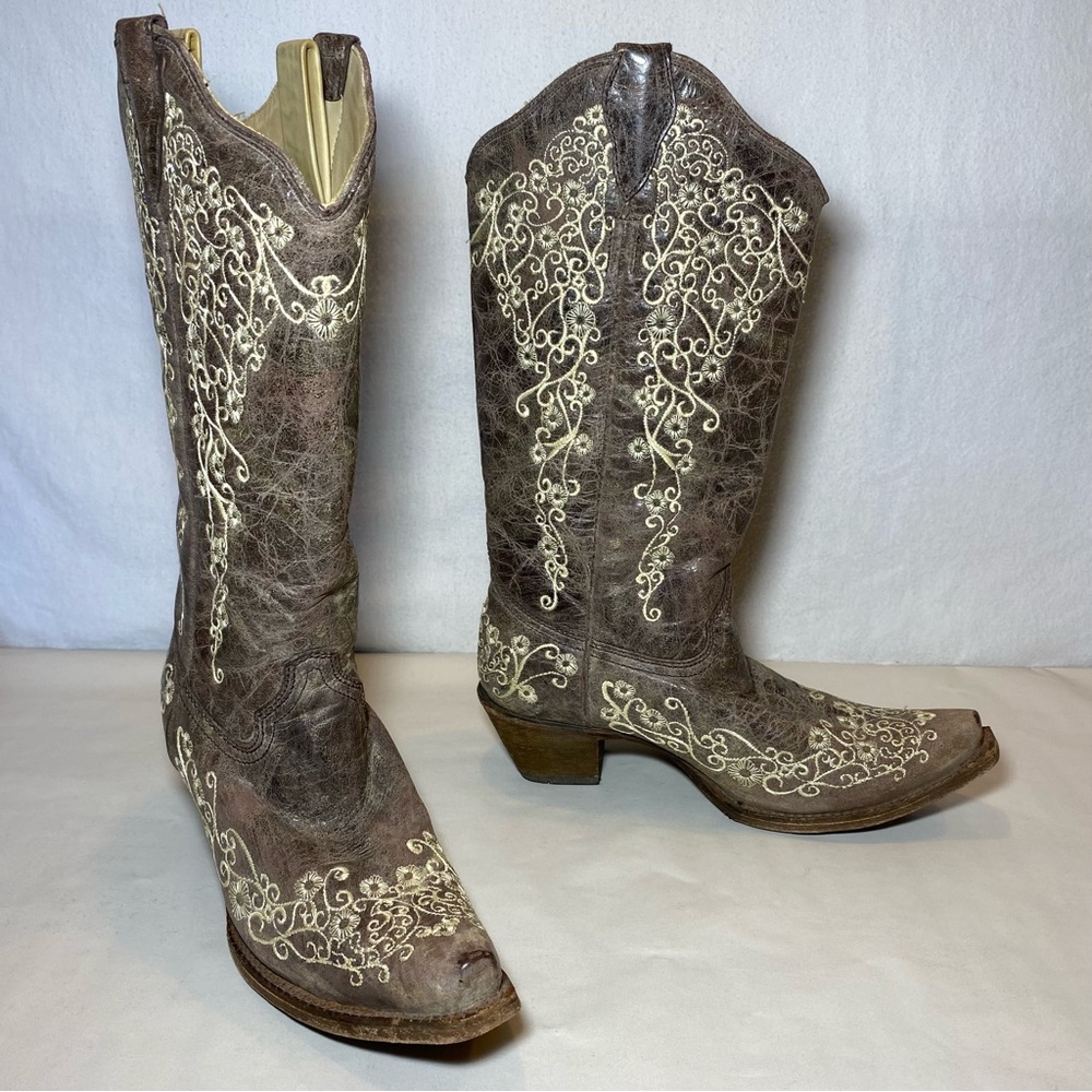 Corral Cowgirl Boots Crater Bone Embroidery Leather Western Snip Toe Women 7.5 M - Picture 2 of 10